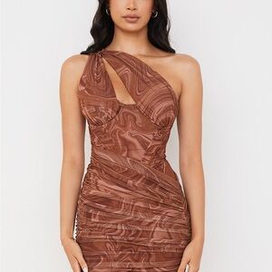 House of CB Brown Asymmetrical Ruched Bodycon Dress - ONLY WORN ONCE